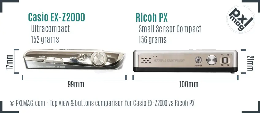 Casio EX-Z2000 vs Ricoh PX top view buttons comparison