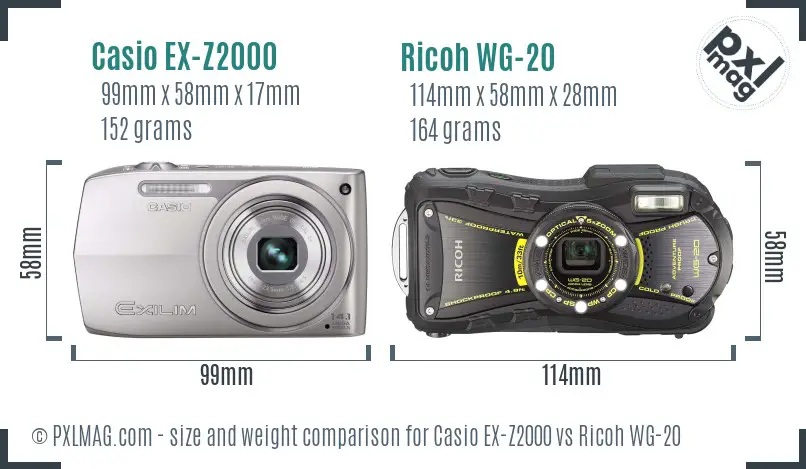 Casio EX-Z2000 vs Ricoh WG-20 size comparison