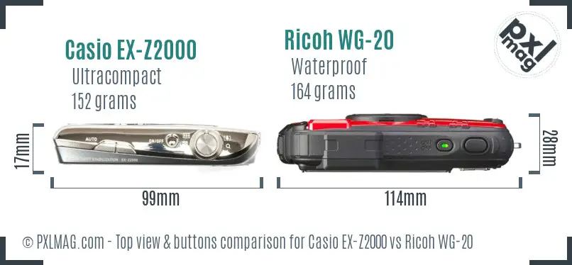 Casio EX-Z2000 vs Ricoh WG-20 top view buttons comparison