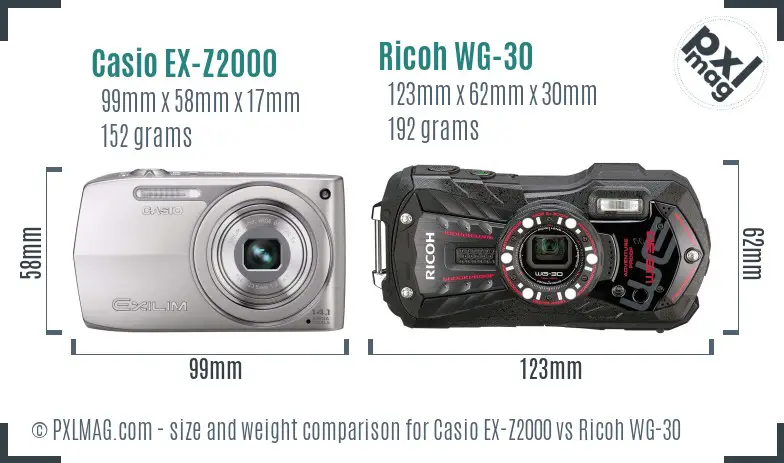 Casio EX-Z2000 vs Ricoh WG-30 size comparison