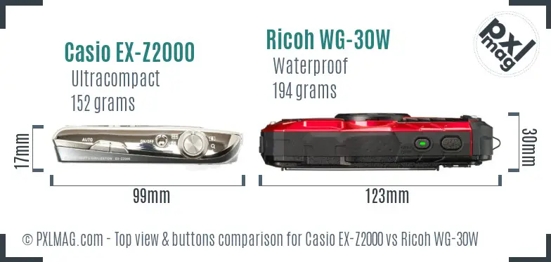 Casio EX-Z2000 vs Ricoh WG-30W top view buttons comparison Casio EX-Z2000 vs Ricoh WG-30W top view buttons comparison
