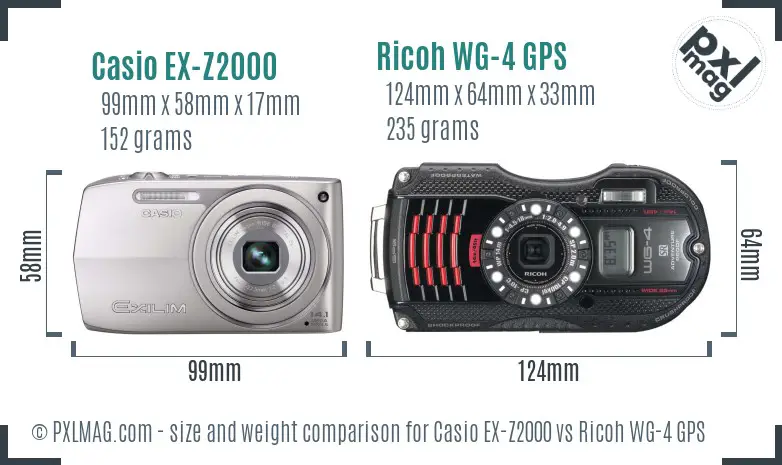 Casio EX-Z2000 vs Ricoh WG-4 GPS size comparison Casio EX-Z2000 vs Ricoh WG-4 GPS size comparison