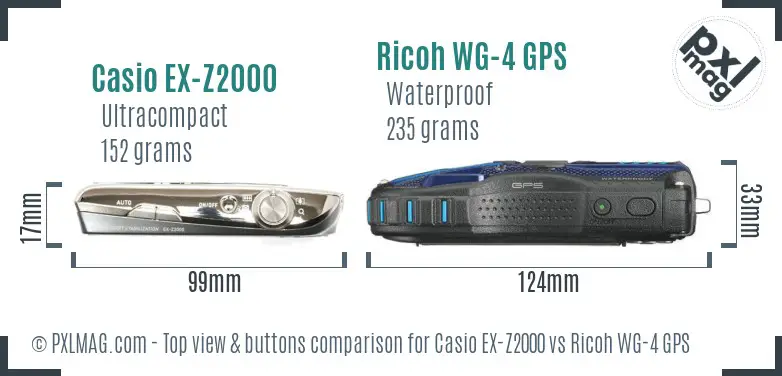 Casio EX-Z2000 vs Ricoh WG-4 GPS top view buttons comparison Casio EX-Z2000 vs Ricoh WG-4 GPS top view buttons comparison