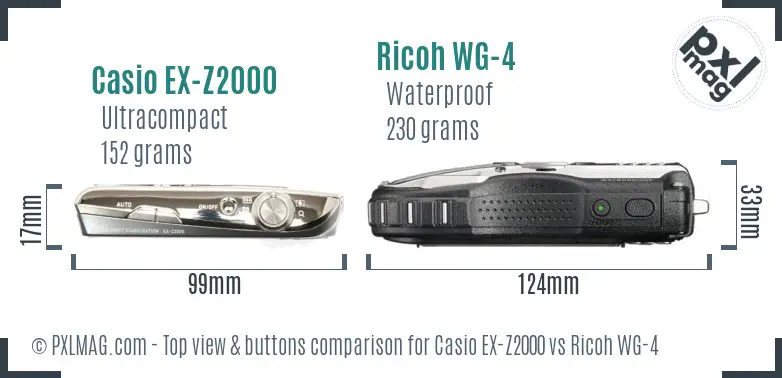 Casio EX-Z2000 vs Ricoh WG-4 top view buttons comparison Casio EX-Z2000 vs Ricoh WG-4 top view buttons comparison