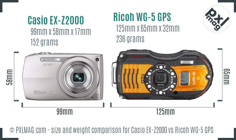 Casio EX-Z2000 vs Ricoh WG-5 GPS size comparison