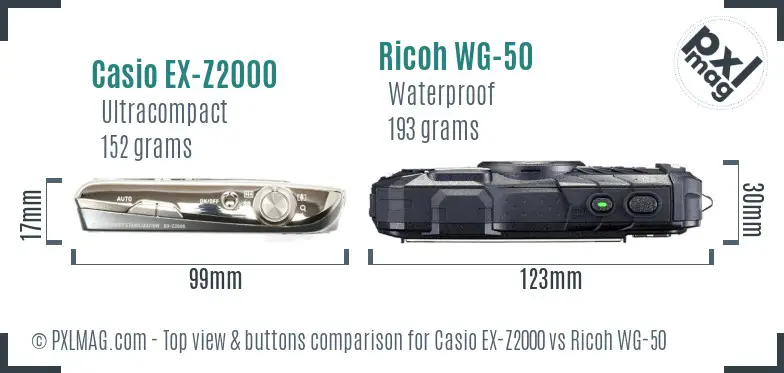 Casio EX-Z2000 vs Ricoh WG-50 top view buttons comparison