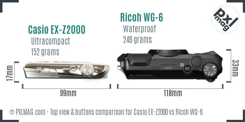 Casio EX-Z2000 vs Ricoh WG-6 top view buttons comparison Casio EX-Z2000 vs Ricoh WG-6 top view buttons comparison