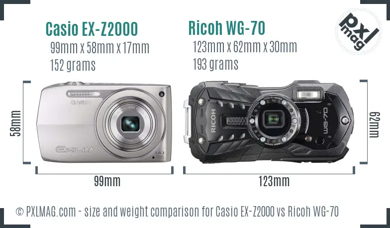 Casio EX-Z2000 vs Ricoh WG-70 size comparison