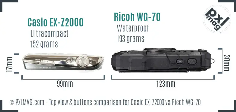 Casio EX-Z2000 vs Ricoh WG-70 top view buttons comparison