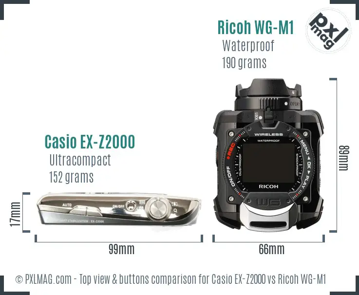 Casio EX-Z2000 vs Ricoh WG-M1 top view buttons comparison