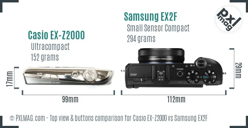 Casio EX-Z2000 vs Samsung EX2F top view buttons comparison Casio EX-Z2000 vs Samsung EX2F top view buttons comparison