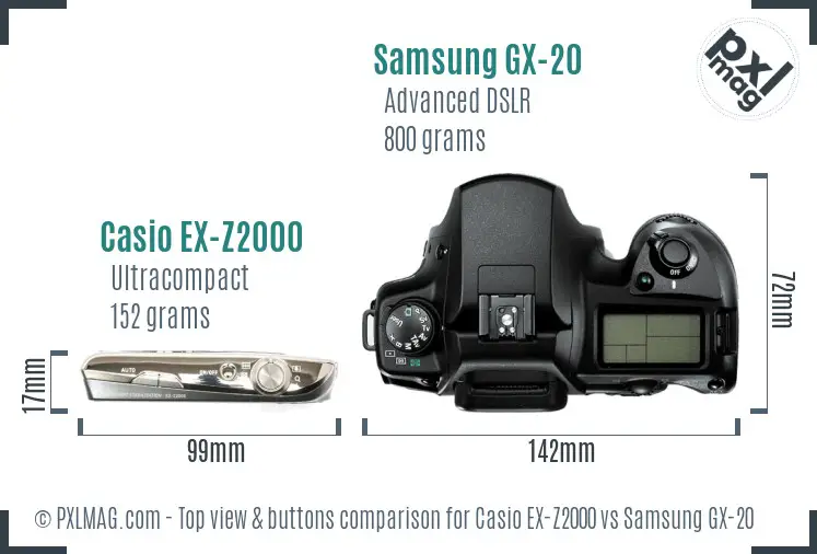 Casio EX-Z2000 vs Samsung GX-20 top view buttons comparison
