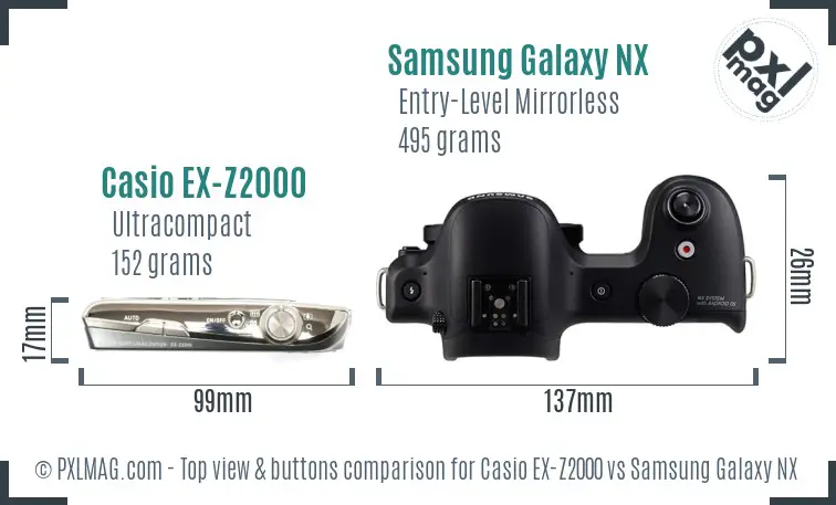 Casio EX-Z2000 vs Samsung Galaxy NX top view buttons comparison Casio EX-Z2000 vs Samsung Galaxy NX top view buttons comparison