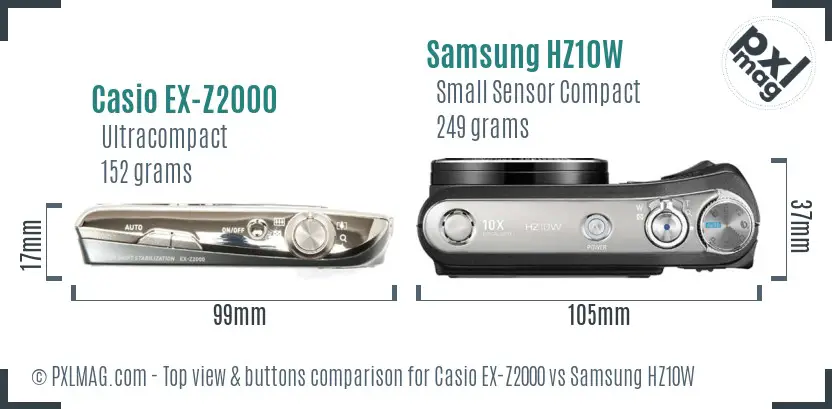 Casio EX-Z2000 vs Samsung HZ10W top view buttons comparison Casio EX-Z2000 vs Samsung HZ10W top view buttons comparison