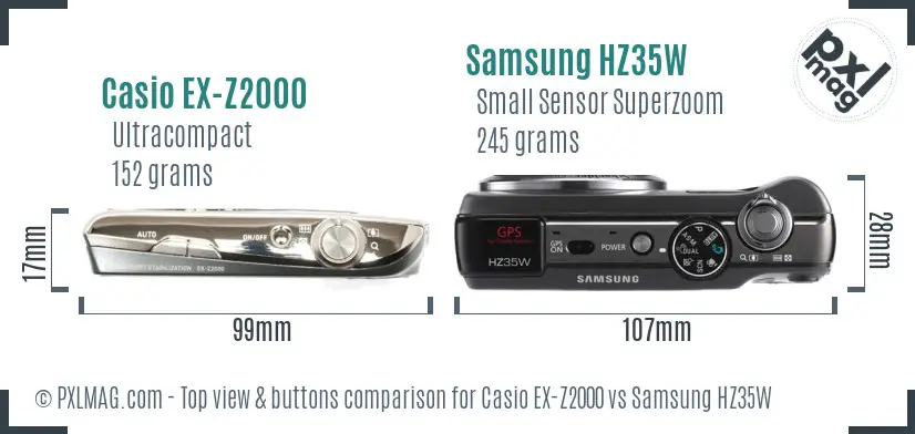 Casio EX-Z2000 vs Samsung HZ35W top view buttons comparison Casio EX-Z2000 vs Samsung HZ35W top view buttons comparison