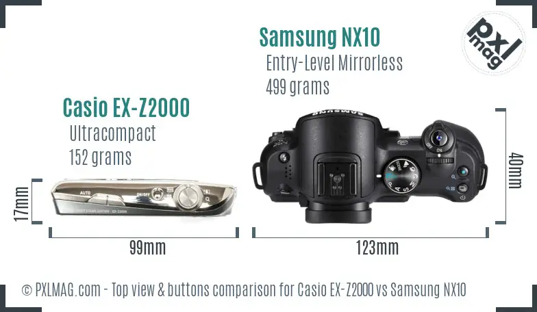 Casio EX-Z2000 vs Samsung NX10 top view buttons comparison Casio EX-Z2000 vs Samsung NX10 top view buttons comparison