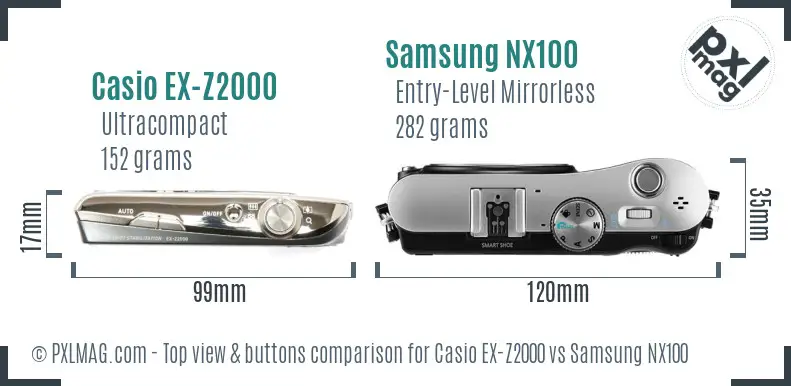 Casio EX-Z2000 vs Samsung NX100 top view buttons comparison Casio EX-Z2000 vs Samsung NX100 top view buttons comparison