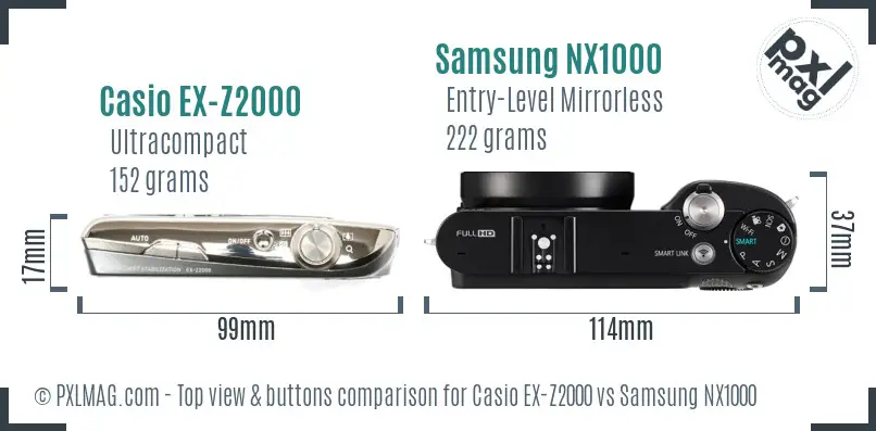 Casio EX-Z2000 vs Samsung NX1000 top view buttons comparison Casio EX-Z2000 vs Samsung NX1000 top view buttons comparison