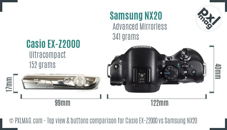 Casio EX-Z2000 vs Samsung NX20 top view buttons comparison Casio EX-Z2000 vs Samsung NX20 top view buttons comparison