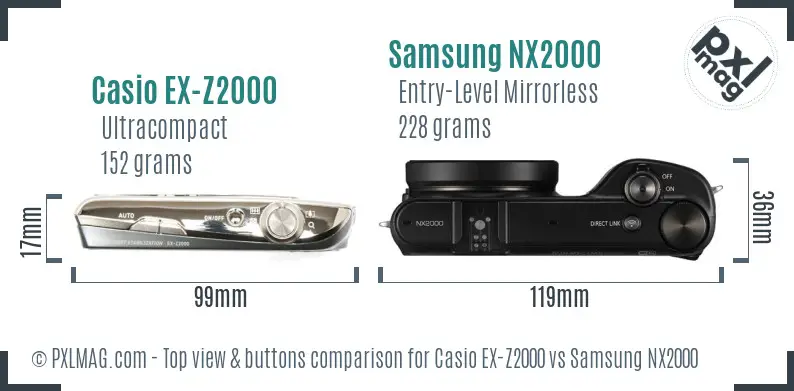 Casio EX-Z2000 vs Samsung NX2000 top view buttons comparison Casio EX-Z2000 vs Samsung NX2000 top view buttons comparison