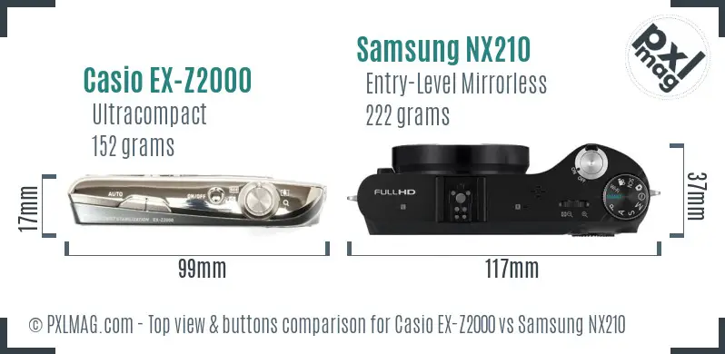 Casio EX-Z2000 vs Samsung NX210 top view buttons comparison Casio EX-Z2000 vs Samsung NX210 top view buttons comparison
