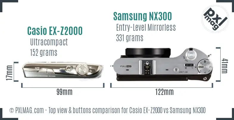 Casio EX-Z2000 vs Samsung NX300 top view buttons comparison Casio EX-Z2000 vs Samsung NX300 top view buttons comparison