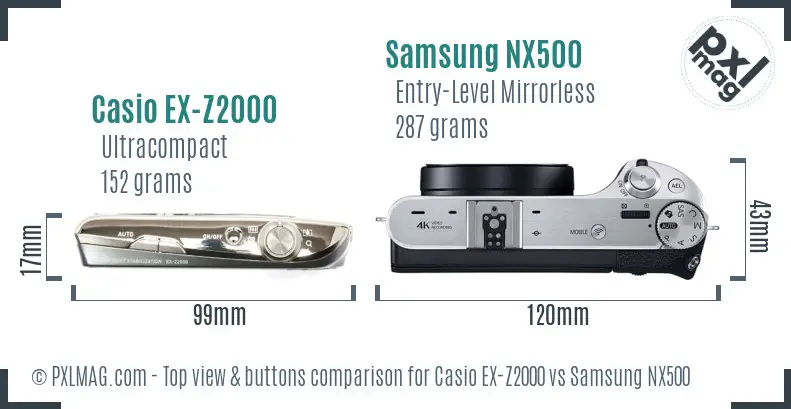 Casio EX-Z2000 vs Samsung NX500 top view buttons comparison