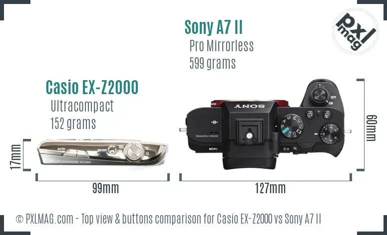 Casio EX-Z2000 vs Sony A7 II top view buttons comparison