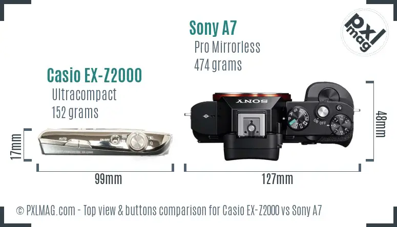 Casio EX-Z2000 vs Sony A7 top view buttons comparison