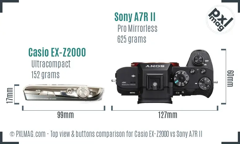 Casio EX-Z2000 vs Sony A7R II top view buttons comparison