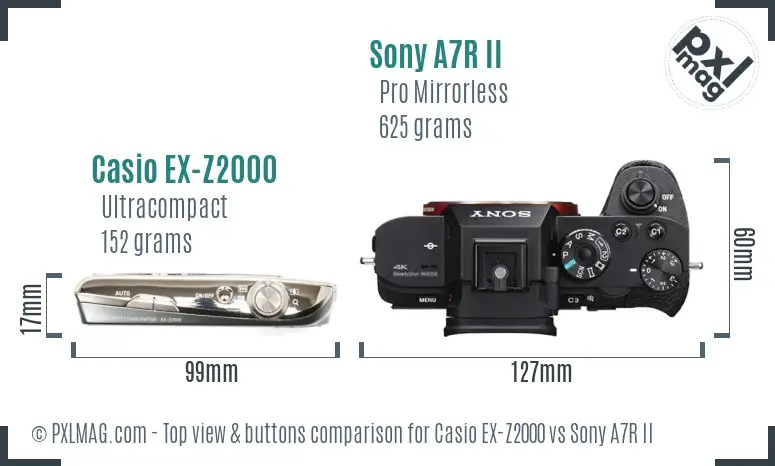 Casio EX-Z2000 vs Sony A7R II top view buttons comparison Casio EX-Z2000 vs Sony A7R II top view buttons comparison