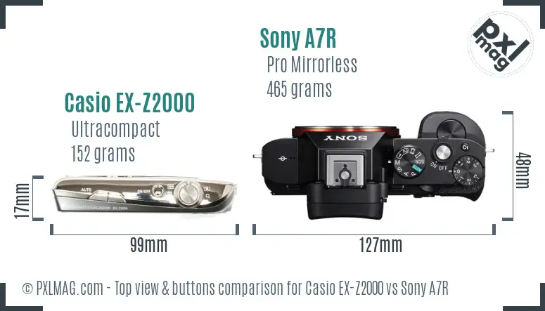 Casio EX-Z2000 vs Sony A7R top view buttons comparison