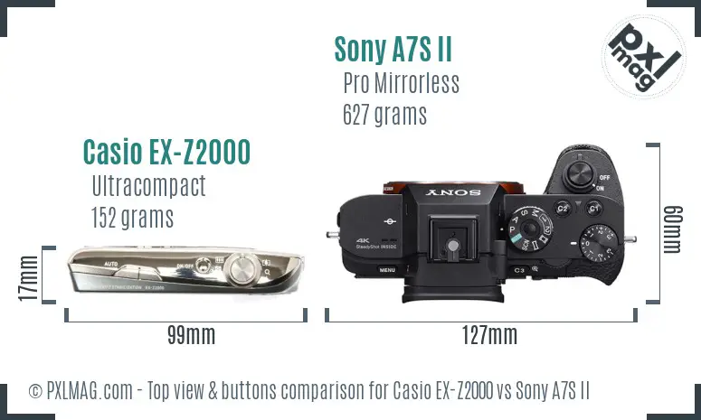 Casio EX-Z2000 vs Sony A7S II top view buttons comparison