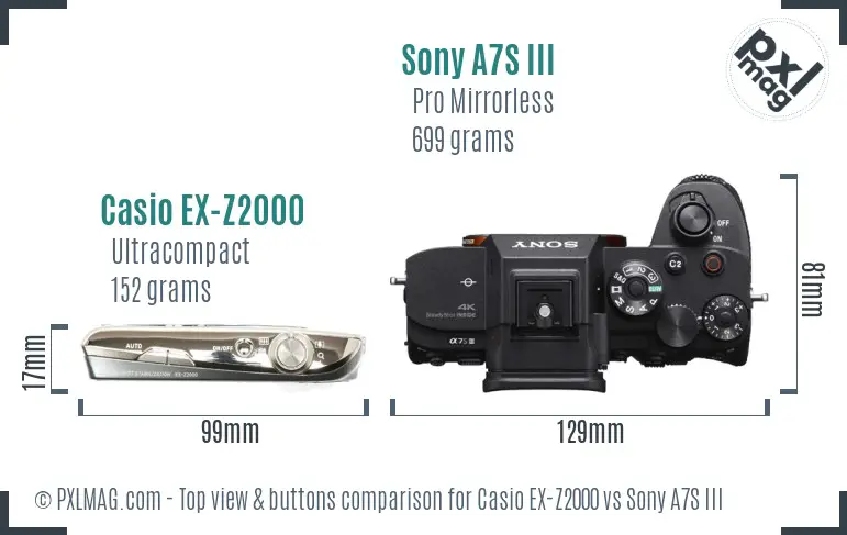 Casio EX-Z2000 vs Sony A7S III top view buttons comparison