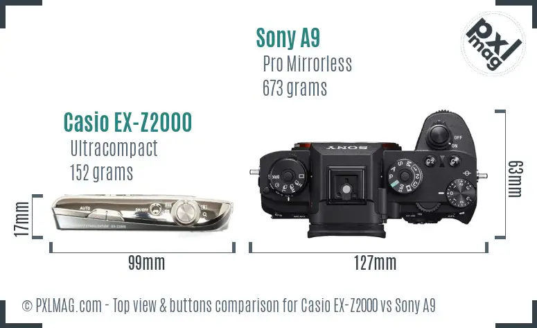 Casio EX-Z2000 vs Sony A9 top view buttons comparison Casio EX-Z2000 vs Sony A9 top view buttons comparison