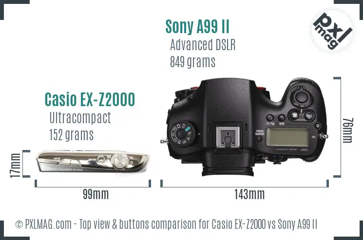 Casio EX-Z2000 vs Sony A99 II top view buttons comparison Casio EX-Z2000 vs Sony A99 II top view buttons comparison