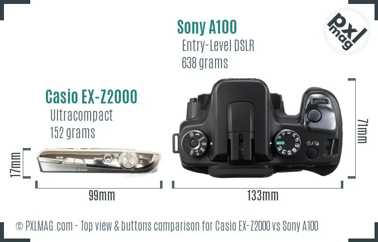 Casio EX-Z2000 vs Sony A100 top view buttons comparison