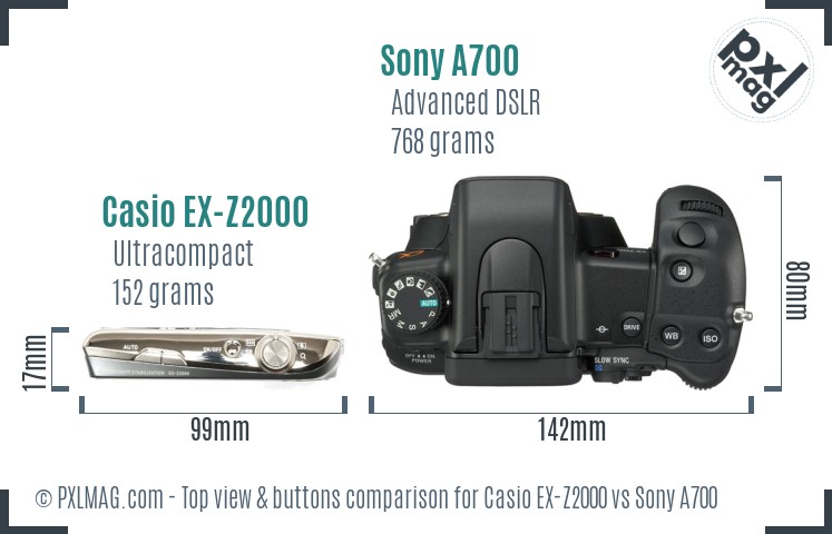 Casio EX-Z2000 vs Sony A700 top view buttons comparison