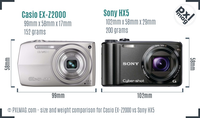 Casio EX-Z2000 vs Sony HX5 size comparison