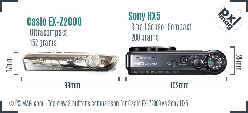 Casio EX-Z2000 vs Sony HX5 top view buttons comparison