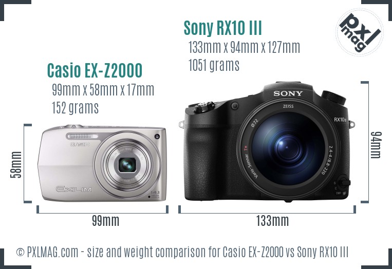 Casio EX-Z2000 vs Sony RX10 III size comparison