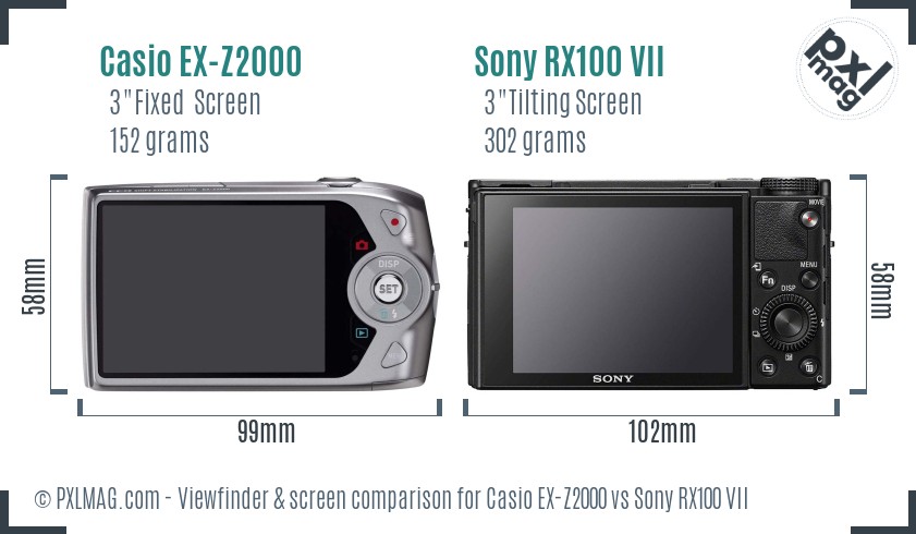 Casio EX-Z2000 vs Sony RX100 VII Screen and Viewfinder comparison