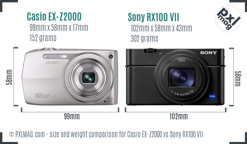 Casio EX-Z2000 vs Sony RX100 VII size comparison