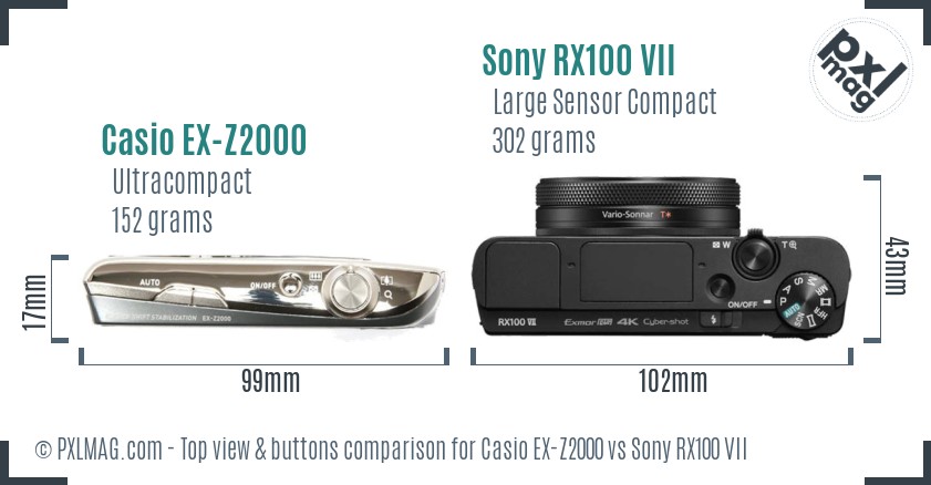 Casio EX-Z2000 vs Sony RX100 VII top view buttons comparison
