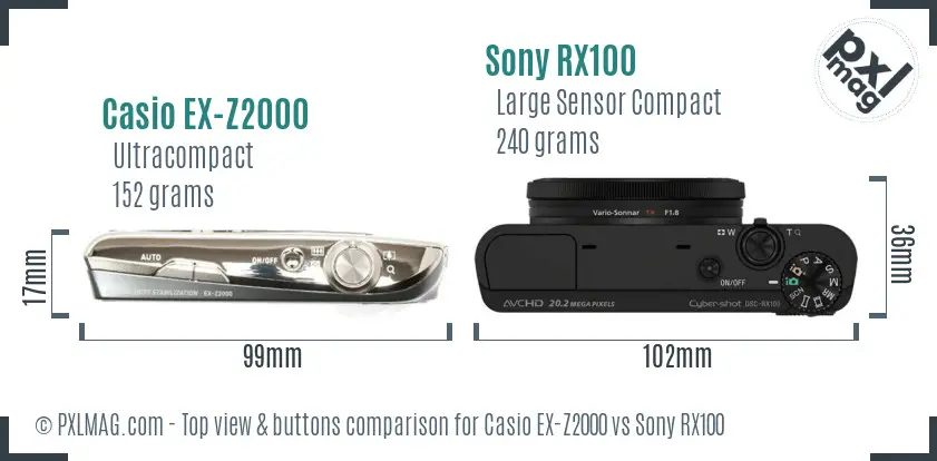 Casio EX-Z2000 vs Sony RX100 top view buttons comparison Casio EX-Z2000 vs Sony RX100 top view buttons comparison