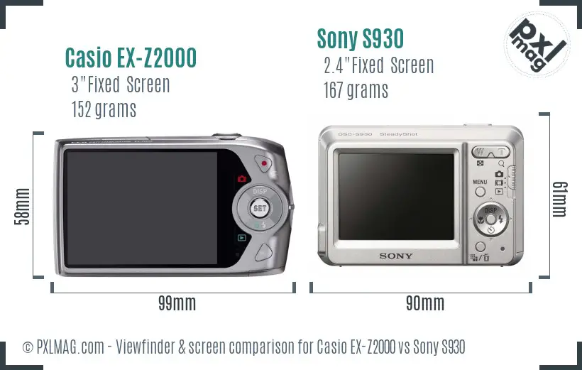 Casio EX-Z2000 vs Sony S930 Screen and Viewfinder comparison