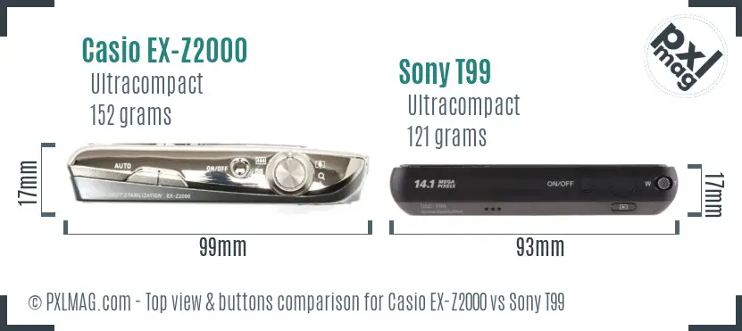 Casio EX-Z2000 vs Sony T99 top view buttons comparison Casio EX-Z2000 vs Sony T99 top view buttons comparison