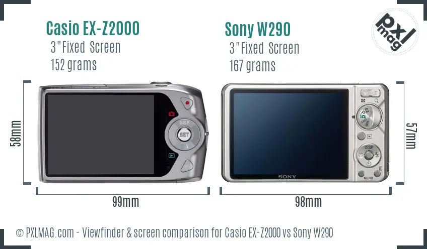 Casio EX-Z2000 vs Sony W290 Screen and Viewfinder comparison