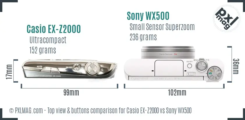 Casio EX-Z2000 vs Sony WX500 top view buttons comparison Casio EX-Z2000 vs Sony WX500 top view buttons comparison