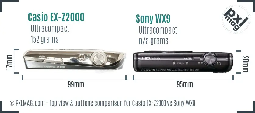 Casio EX-Z2000 vs Sony WX9 top view buttons comparison Casio EX-Z2000 vs Sony WX9 top view buttons comparison